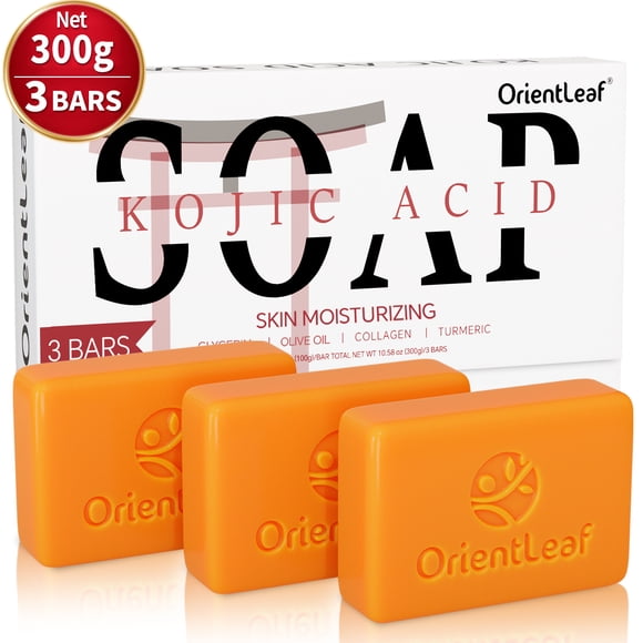 OrientLeaf Kojic Acid Soap, Turmeric Soap Bars Help Dark Spot Reduce with Vitamin C, Retinol, Collagen, 100g × 3 Bars (10.58 oz)