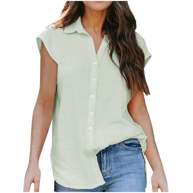 Blouse Décontractée d'Été pour Femmes à Manches Courtes, Boutonnée, Couleur Unie, Col Rabattu, T-Shirt, Hauts