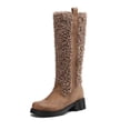 thumbnail image 4 of Womens Fleece Mid Calf Winter Combat Boots Fashion Plush Leather Patchwork Chunky Heel Knee High Riding Tall Boots, 4 of 6