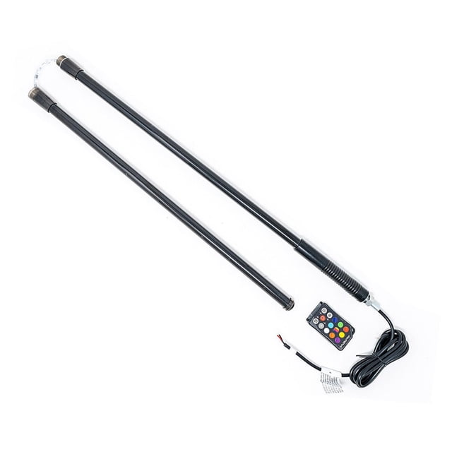 Alpena BriteWhip LED Flo Buggy Whip Rainbow Pole Light featuring two black detachable pole sections, a coiled power cable with threaded base, and a remote control for wireless color and pattern flow, designed for ATV and off-road vehicle visibility and customization.
