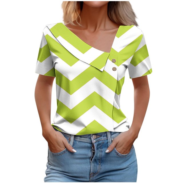 FAIWAD Women Summer Tops Short Sleeve Irregular V Neck Button T-Shirts Geometric Color Block Print Tees Blouses