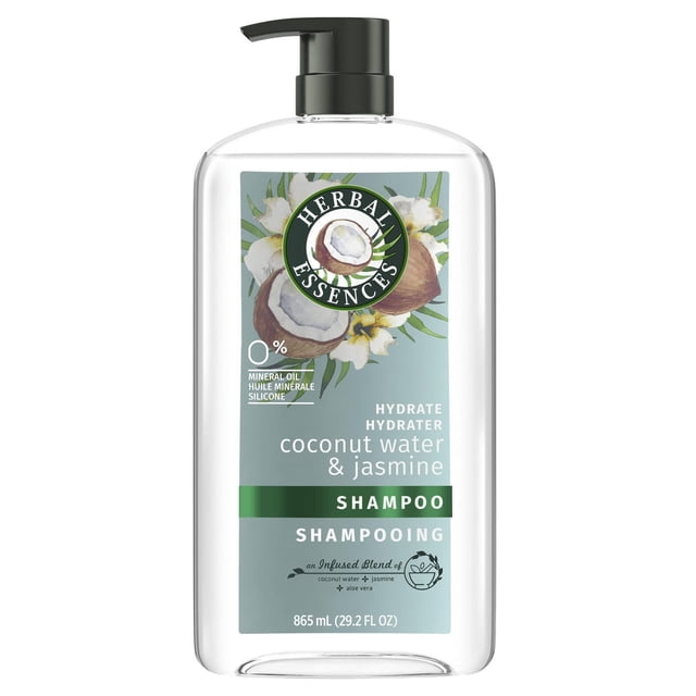 Herbal Essences Classics Hydrate Coconut Water & Jasmine Shampoo in a clear 865 mL pump bottle with a green label featuring coconut and jasmine flower illustrations, free of mineral oil and silicone, pH-balanced, colour-safe, and cruelty-free formula for hydrating hair.