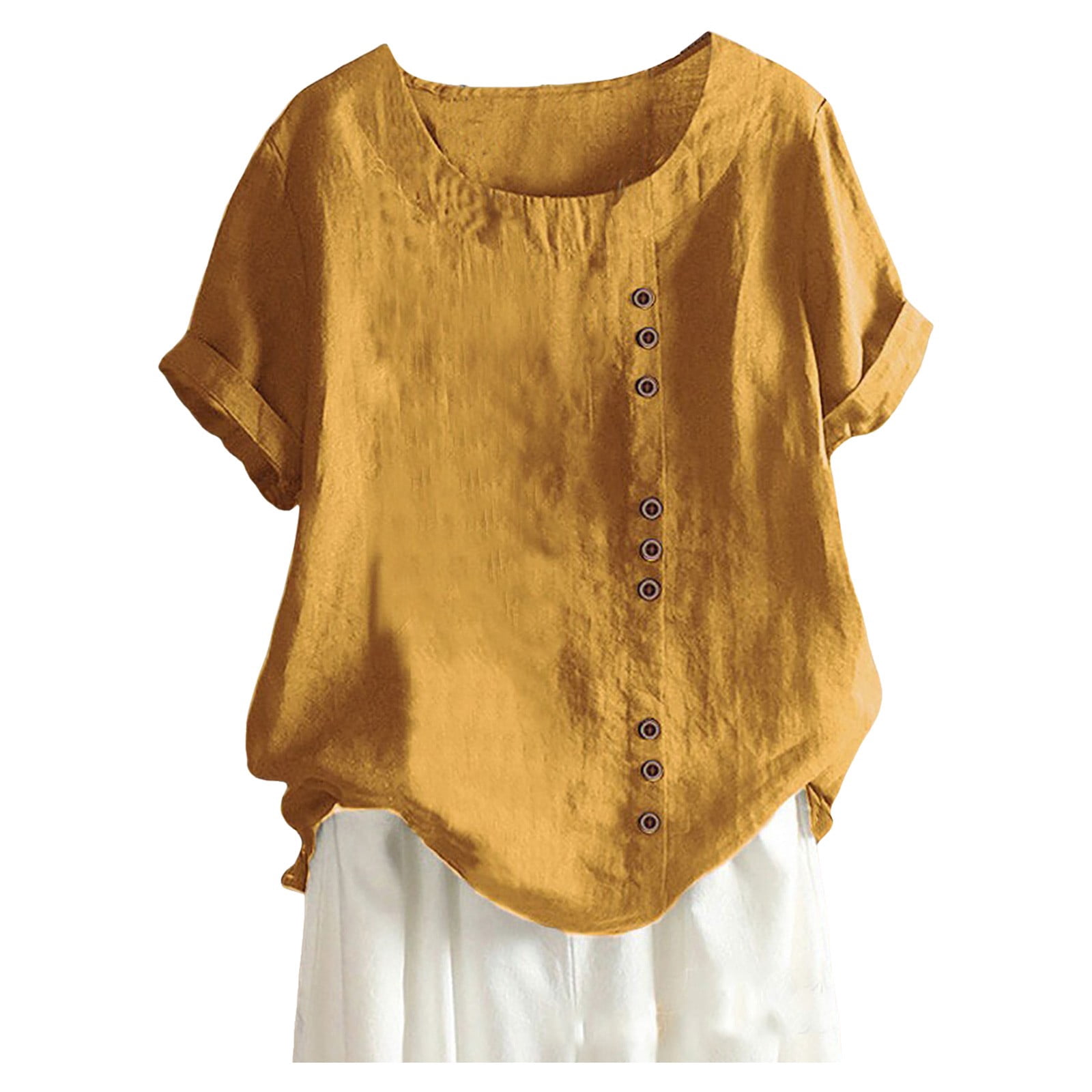 WEIYLL Womens T-Shirts Plus Size Linen Loose Tunic Breathable Boho Solid Yellow Tops Sizes XXL