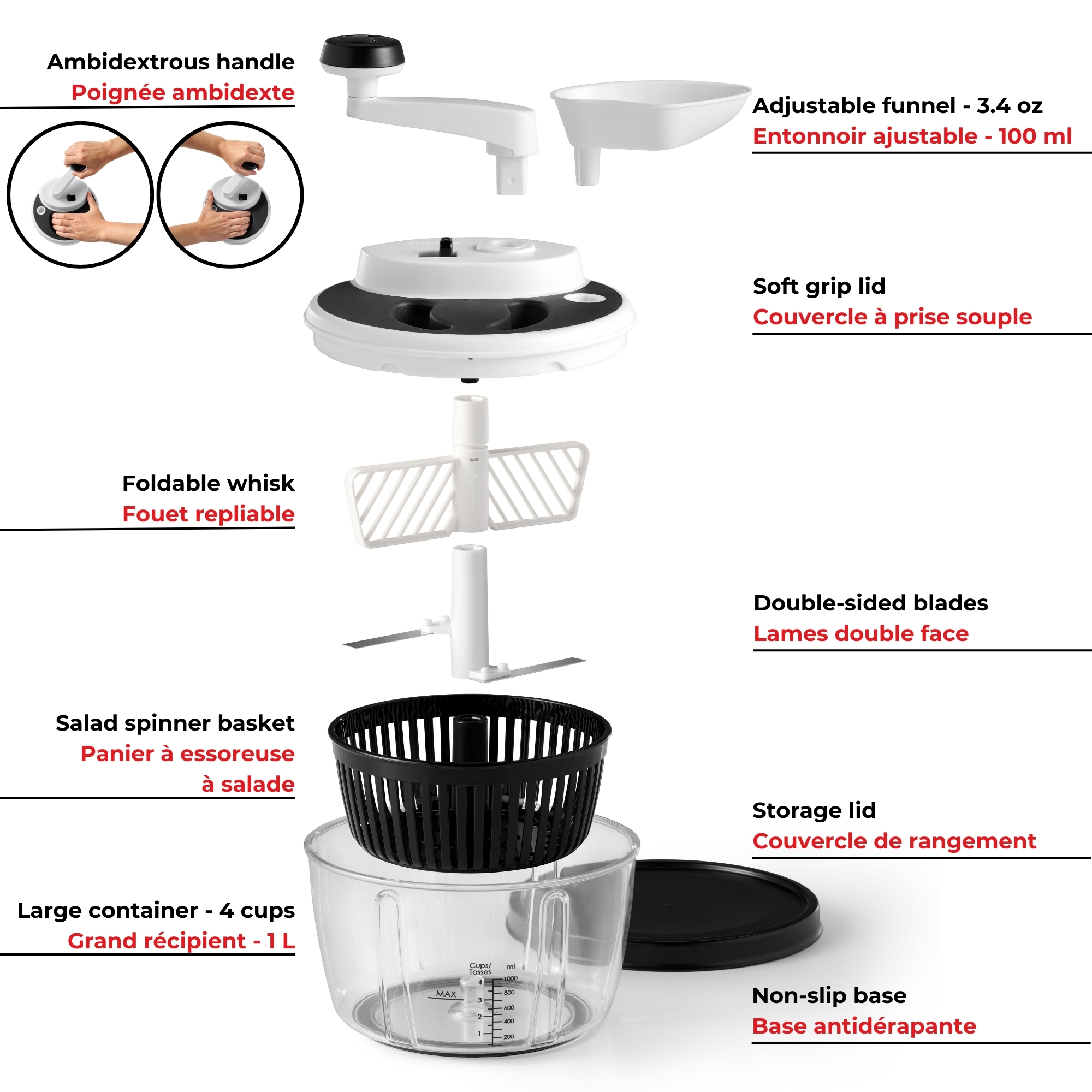 Starfrit Pro Food Processor & Mixer 3-in-1 Manual Food Chopper, Whisk & Salad Spinner, Ice Crushing, 2 Speeds, 1L Bowl, Salsa, Hummus, Mayo & Dressing