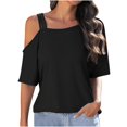 thumbnail image 2 of Meichang Women's Cold Shoulder Tops Short Sleeve Square Neck T Shirts Solid Color Basic Summer Tees Spaghetti Straped Casual Vacation Tees, 2 of 8