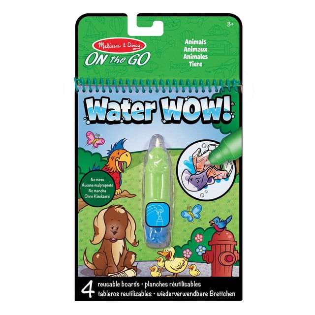 Melissa & Doug On the Go Water Wow! Reusable Water-Reveal Activity Pad - Animals - FSC Certified, a spiral-bound kids craft kit with four reusable animal-themed coloring boards and a chunky green refillable water pen that reveals colors with water, promoting fine motor skills and ideal for travel or quiet play.