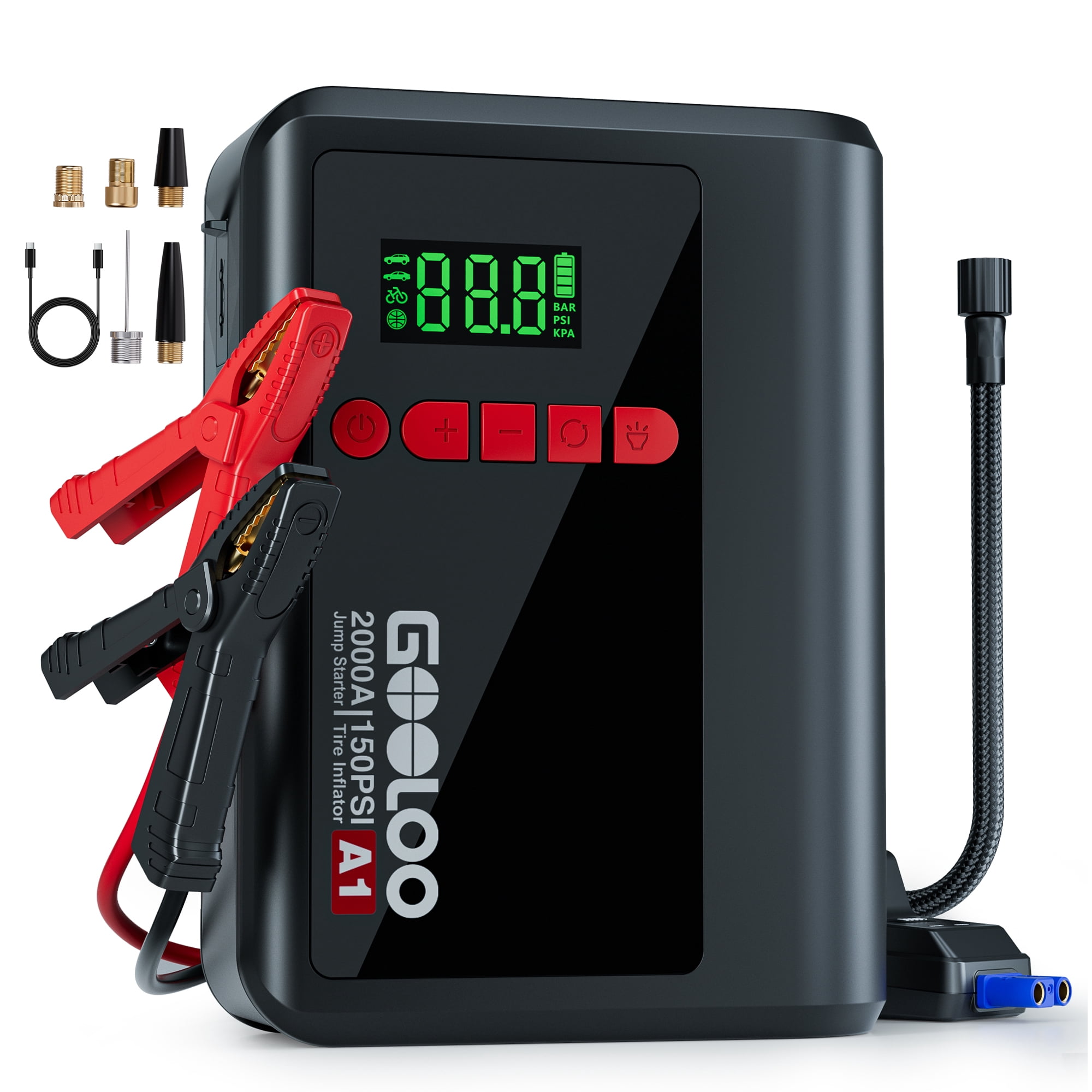 Jump Starter with Air Compressor, GOOLOO A1 2000A Portable Car Battery Jump Box(7.0L Gas/5.5L Diesel) with 150PSI Cordless Auto-Shutoff Tire Inflator, 12V Auto Lithium Battery Booster with Air Pump