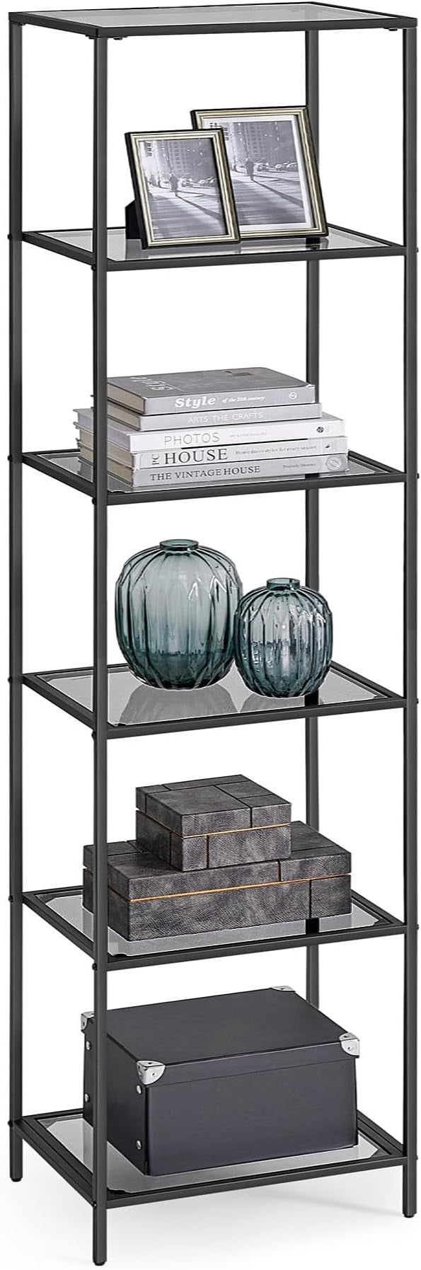 VASAGLE Bookcase, 6-Tier Bookshelf, Slim Shelving Unit for Bedroom, Bathroom, Home Office, Tempered Glass, Steel Frame, Black and Gray