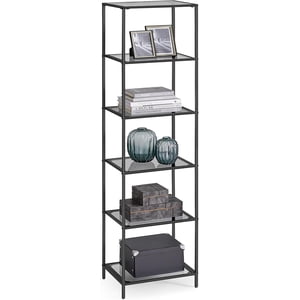 VASAGLE Bibliothèque, 6-Tier Bibliothèque, étagère mince pour chambre, salle de bains, bureau à la maison, verre trempé, cadre en acier, noir et gris