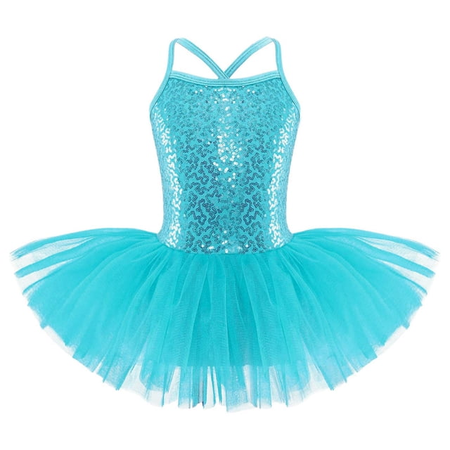 Ocealan Justaucorps de Danse à Paillettes Scintillantes pour Filles, Bretelles Spaghetti, Dos Croisé, Robe de Ballerine Bleue