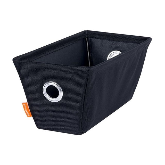 neatfreak! Low Profile Wire Framed Storage Bin, rectangular black storage bin with a durable wire frame and wipe-clean polyester fabric, featuring reinforced silver grommet handles and an orange brand tag, suitable for organizing shelves, toys, or electronics.