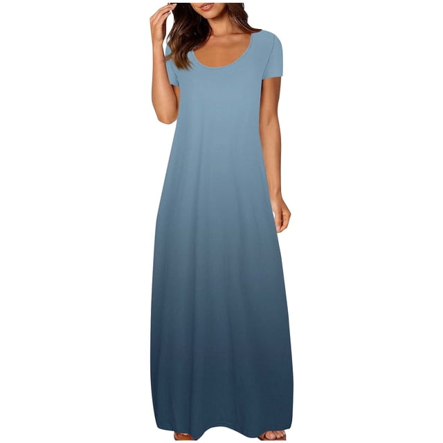 fatyb Robes Maxi à Manches Courtes pour Femmes Col Ras du Cou Décontractées Longues Robes Imprimées Robes T-Shirt d'Été