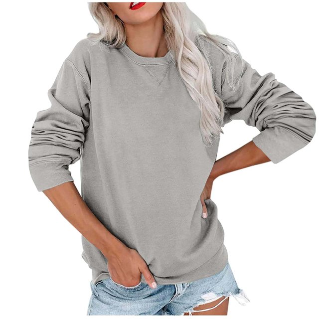 Rbaofujie Chandails à Capuchon Tunique pour Femmes Chandail Décontracté Uni Populaire à Col Rond à Manches Longues Haut Chandail Gris Foncé Chandails à Capuchon pour Ados