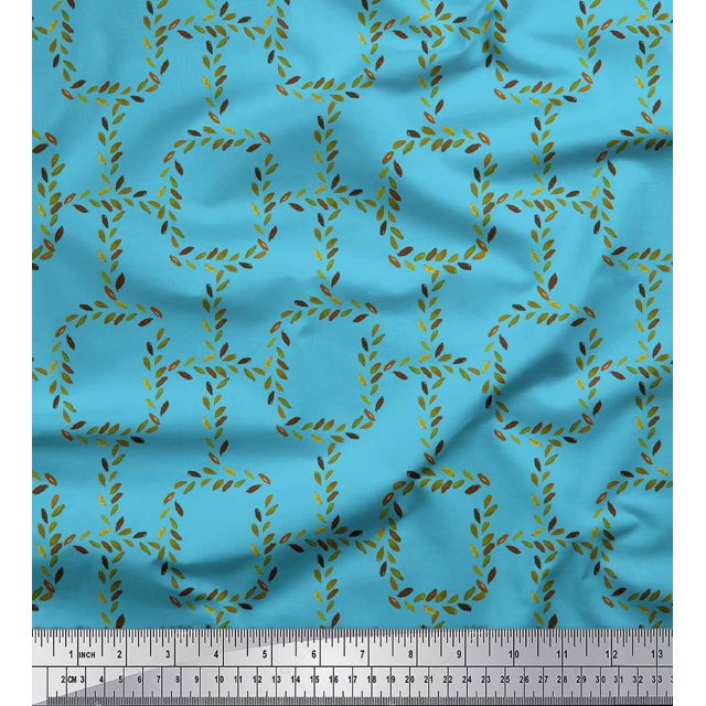Soimoi Blue polyester Crepe Fabric Leaves & Geometric Printed Fabric 1 Yard 42 Inch Wide