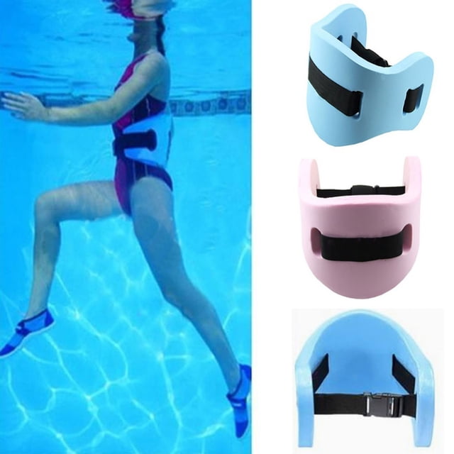 Swimming Train Water Swim Floating Rehab Support Flotation EVA Belt for adults and children, available in blue and pink. The fish-shaped EVA belt includes adjustable straps and a buckle for a secure fit. Suitable for water aerobics, aqua jogging, swimming exercises, and rehabilitation therapy. A person is shown using the belt in a pool, highlighting its joint-friendly support for aqua fitness and therapy.