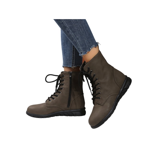 UKAP Women Combat Boot Side Zip Booties Lace Up Ankle Boots Work Shoes Waterproof Army Green 9