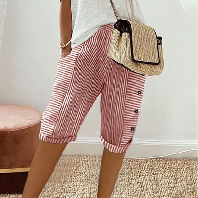 Womens Summer Woven Striped Patchwork Button Loose Cotton Linen Casual Capris