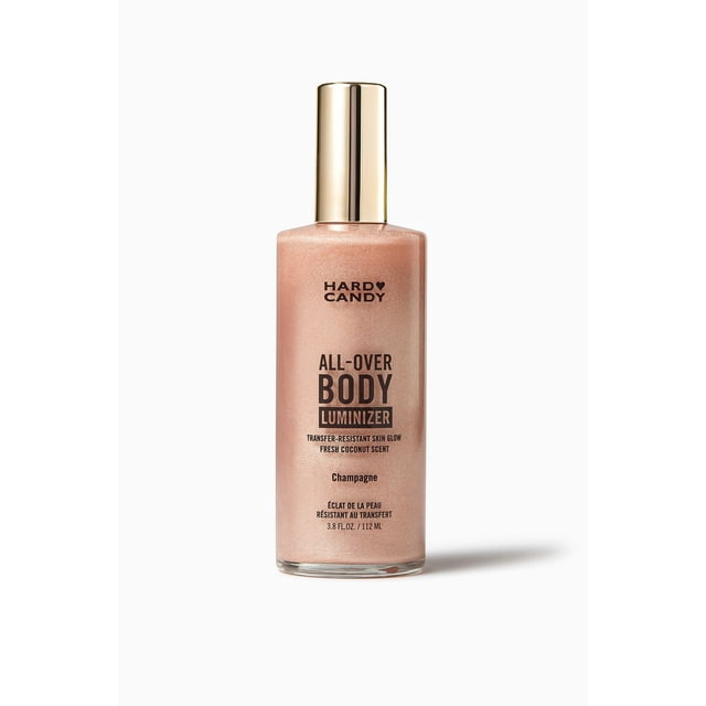 Hard Candy All Over Body Luminizer in champagne shade with gold cap, 3.8 fl oz (112 ml), transfer-resistant formula for radiant skin glow with fresh coconut scent, displayed upright on white background.
