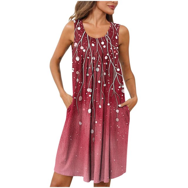 Ovzne Robes Grande Taille pour Femmes aux Formes Robe pour Femme Femmes Imprimé avec Poches Chemises de Nuit Sans Manches Vêtements de Nuit Chemise de Nuit à Plis devant Col Rond Nuisette Robe Maxi Grande Taille Pr
