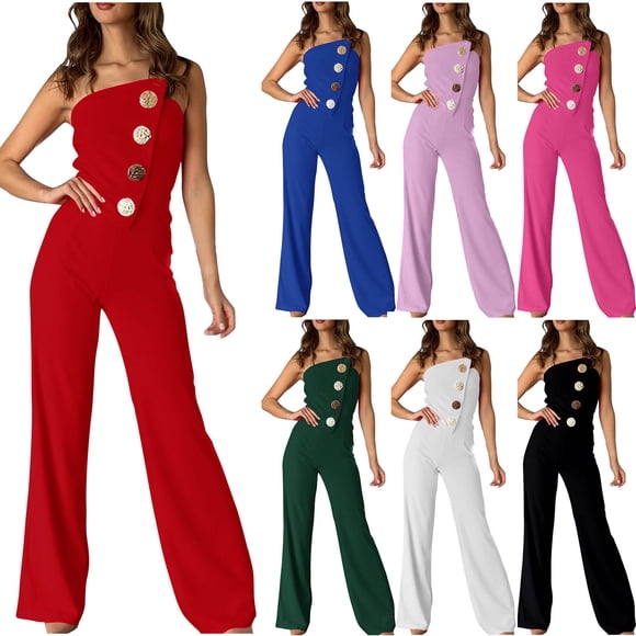 Loose Straight Leg Romper Pants, Sleeveless Jumpsuit with Buttons and Lace Up, Solid Color Fashion Romper Overalls for Women, Casual Daily and Streetwear Style, Summer Fashion Gifts for Women