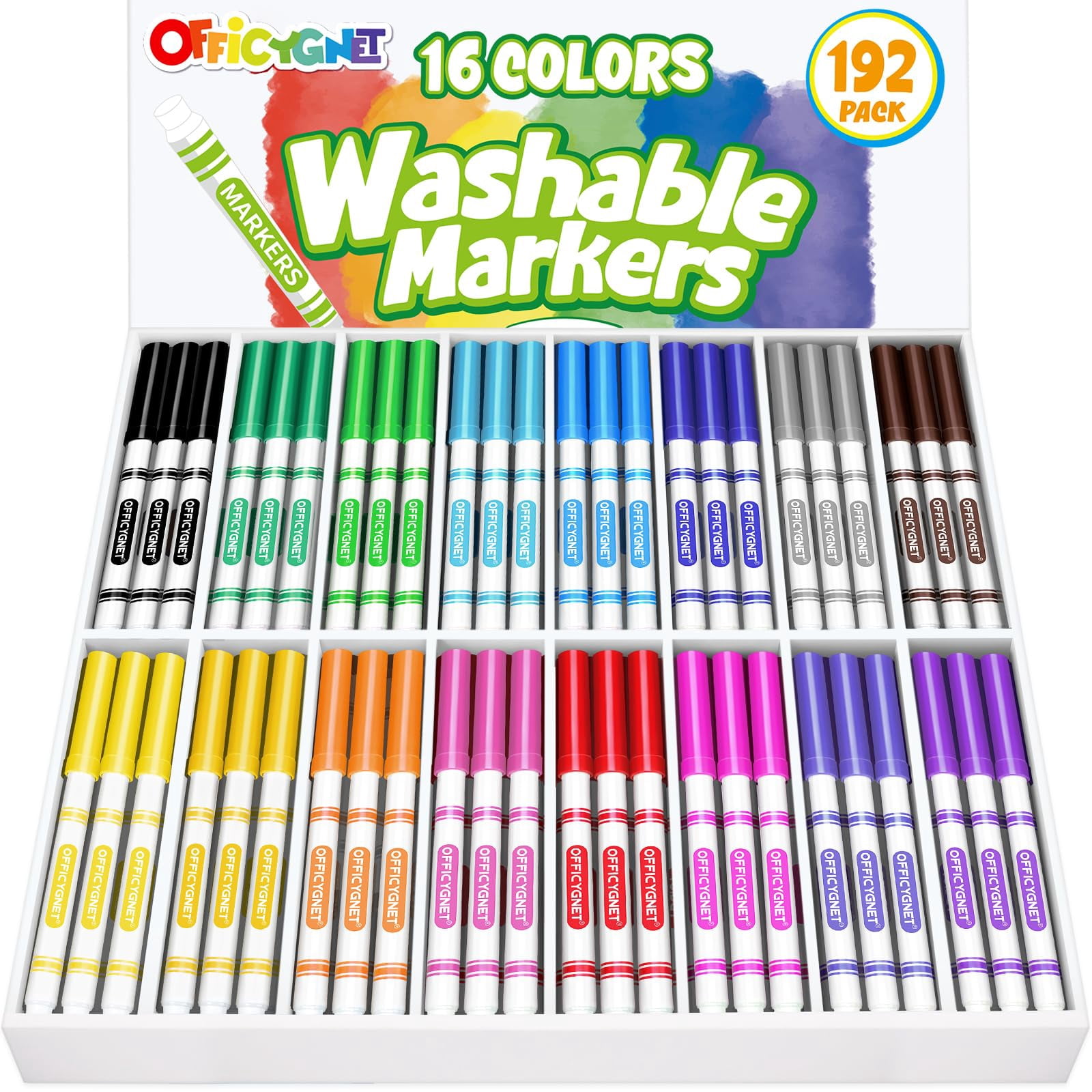 Officygnet 192 Count Washable Markers Bulk, 16 Assorted Colors, Conical Tip with Fine & Broad Line Coloring Marker for Kids, Markers Bulk for Classroom, S