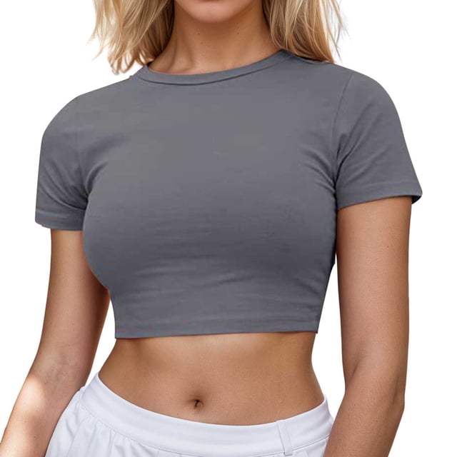Women's Casual Crew Neck Short Sleeve Crop Top Soft Basic Tee for Everyday Spring Summer Wear