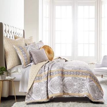 Levtex Home Ives Quilt Set Full/Queen Quilt Two Standard Pillow Shams, Grey/Yellow