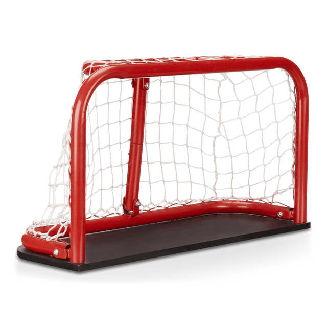Bouclair Red Hockey Net Shelf front-facing centered view. Single-tier red metal shelf with white netting framed like a hockey goal, 24 in wide x 13.5 in high x 8.3 in deep, shown holding trophies and books; a wall shelf suitable for sports memorabilia or small-entryway organization.