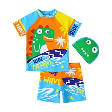 PMVFHDE Ensemble de Bain 2 Pcs pour Tout-Petits Garçons - Maillot Dermoprotecteur à Manches Longues et Shorts à Séchage Rapide Taille Haute avec Imprimé d'Animaux de Dessin Animé pour Plage/piscine 4-Bleu Ciel,18-24 Mois