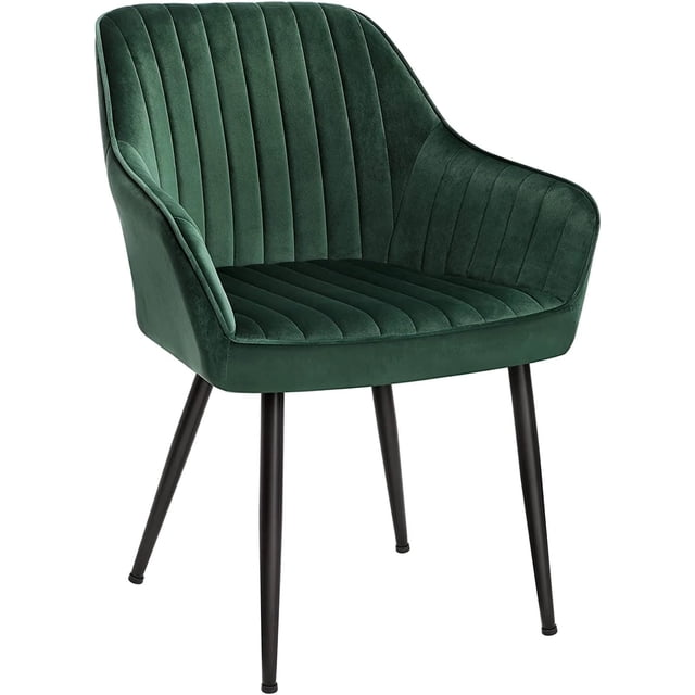 Boutique Home Velvet Dining Room Accent Chair with Armrests in green velvet upholstery featuring vertical channel tufting, powder-coated metal legs with adjustable feet for stability and floor protection, padded seat and backrest, suitable for dining rooms, studies, or balconies.