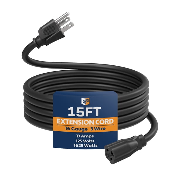 EP 15 ft Outdoor Extension Cord - 16/3 SJTW Black Electrical Cable with 3 Prong Grounded Plug