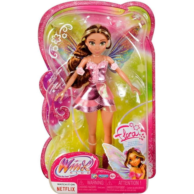 Winx Boîte de Nuit Flora Poupée Mannequin de 10,5 Pouces Vue avant, Flora de Collection de 10,5 Pouces Portant une Robe Inspirée des Pétales Rose Scintillant, des Bottes Pailletées et des Ailes de Fée Rayonnantes Amovibles, des Cheveux Bruns Longs et une expression Douce, Mouvement d'Aile Volant Animé par un Équipement Auto-Mobilisant et Souvent Utilisé pour l'Exposition sur Étagère Ou des dioramas Thématiques.