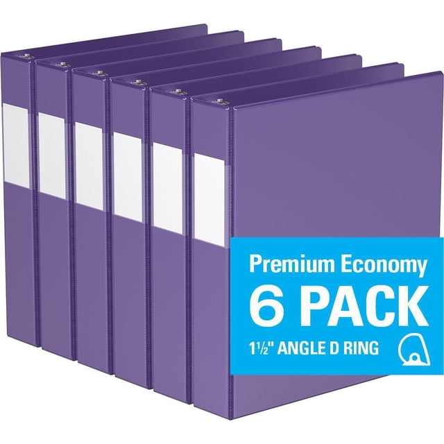 Davis Group Premium Economy D Ring Binder 6 Pack with 1.5 inch angle D rings, six purple binders with white spine label holders and clear interior pockets for document organization, suitable for office and school use.