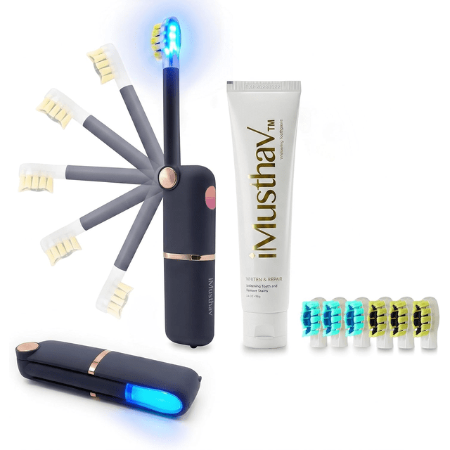 iMusthav Foldable Travel Electric Toothbrush, Battery Operated Self Cleaning Toothbrush, Blue LED Light & Whitening Toothpaste, 3 Modes with Smart Timer, 6 Replacement Brush Heads