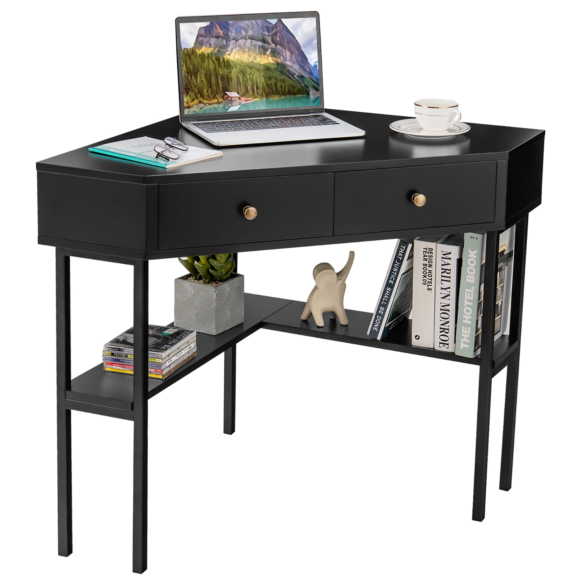 Costway Corner Computer Desk Writing Workstation Study Desk w/ 2 Drawers Black
