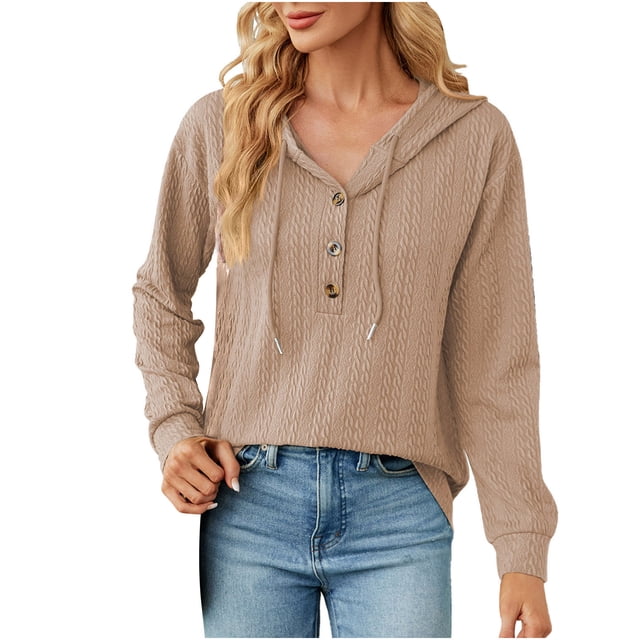 Yuyuzo Womens Fall Sweatshirts Drawstring V Neck Buttons Long Sleeve Textured Knit Pullover Tops