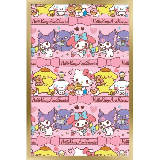 Hello Kitty and Friends : 25 Collation Time - Affiche Murale Collage, 14,725 Po x 22,375 Po Encadrée, Affiche un Motif Répétitif de Personnages Hello Kitty and Friends sur Fond Rose avec des Nœuds pastel, des Cœurs et des Articles Collation comme des Crêpes, des Biscuits et des Beignes, Convient pour Décorer des Chambres, des Chambres d'Enfants Ou des Bureaux.