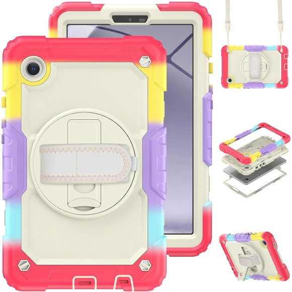 KOMI for Samsung Galaxy Tab A9 Case 8.7-inch 2023 with Built-in Screen Protector Shockproof Adjustable Strap 360 Rotating for SM-X110/X115/X117 White Rainbow