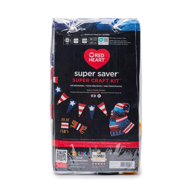 Red Heart® Super Saver® Super Craft Kit containing 12 balls of 100% acrylic yarn in assorted colors, suitable for knitting, crocheting, and crafting beginners, machine washable and dryable, with QR code for patterns and tutorials to inspire creativity.