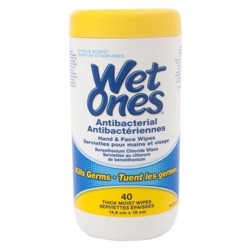 Wet Ones Antibacterial Hand Wipes container with yellow lid and blue-white label, holding 40 thick moist wipes sized 14.6 cm by 19 cm, citrus scented and formulated with benzethonium chloride to kill germs, suitable for quick hand and face cleaning.