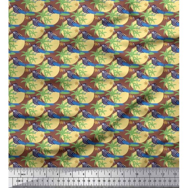 Soimoi Moss Georgette Fabric Bird,Palm Tree & Sun Nature Decor Fabric Printed Yard 42 Inch Wide