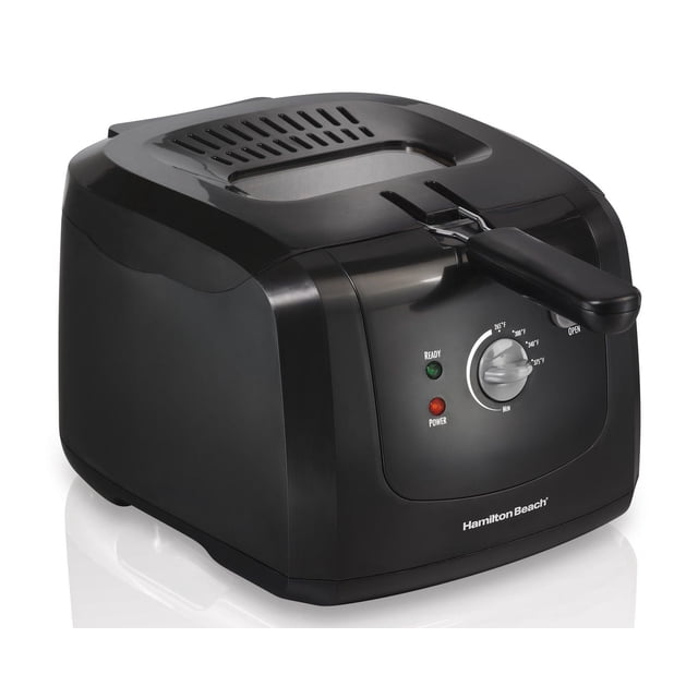 Hamilton Beach Cool-Touch Deep Fryer 35022C in black with a compact rectangular design, featuring an adjustable temperature dial from 265°F to 375°F, power and ready indicator lights, a cool-touch handle on the frying basket, and a vented lid with a clear viewing window, ideal for home frying with a 2-litre oil capacity.