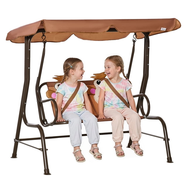Outsunny 2-Seat Kids Swing Chair Outdoor with Adjustable Canopy, Coffee