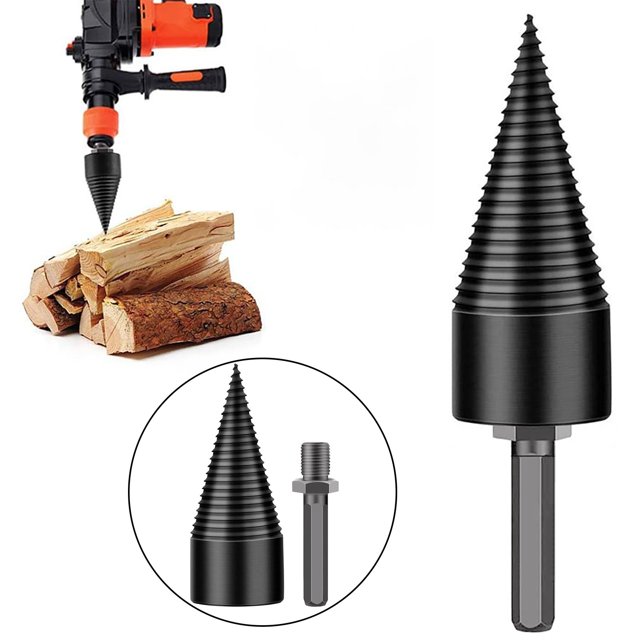 Agiferg Firewood Machine Drill Wood Reamer Punch Bit for Split Wood Cone-Drilling Tool. The image shows a black carbon steel drill bit with a conical, grooved design, used for splitting firewood. The drill bit is attached to an electric drill and is shown splitting a log into smaller pieces. An inset displays the drill bit and its shank separately. Designed for electric drills, it measures 32x141mm and features a 10mm shank diameter for stable clamping and efficient wood splitting.