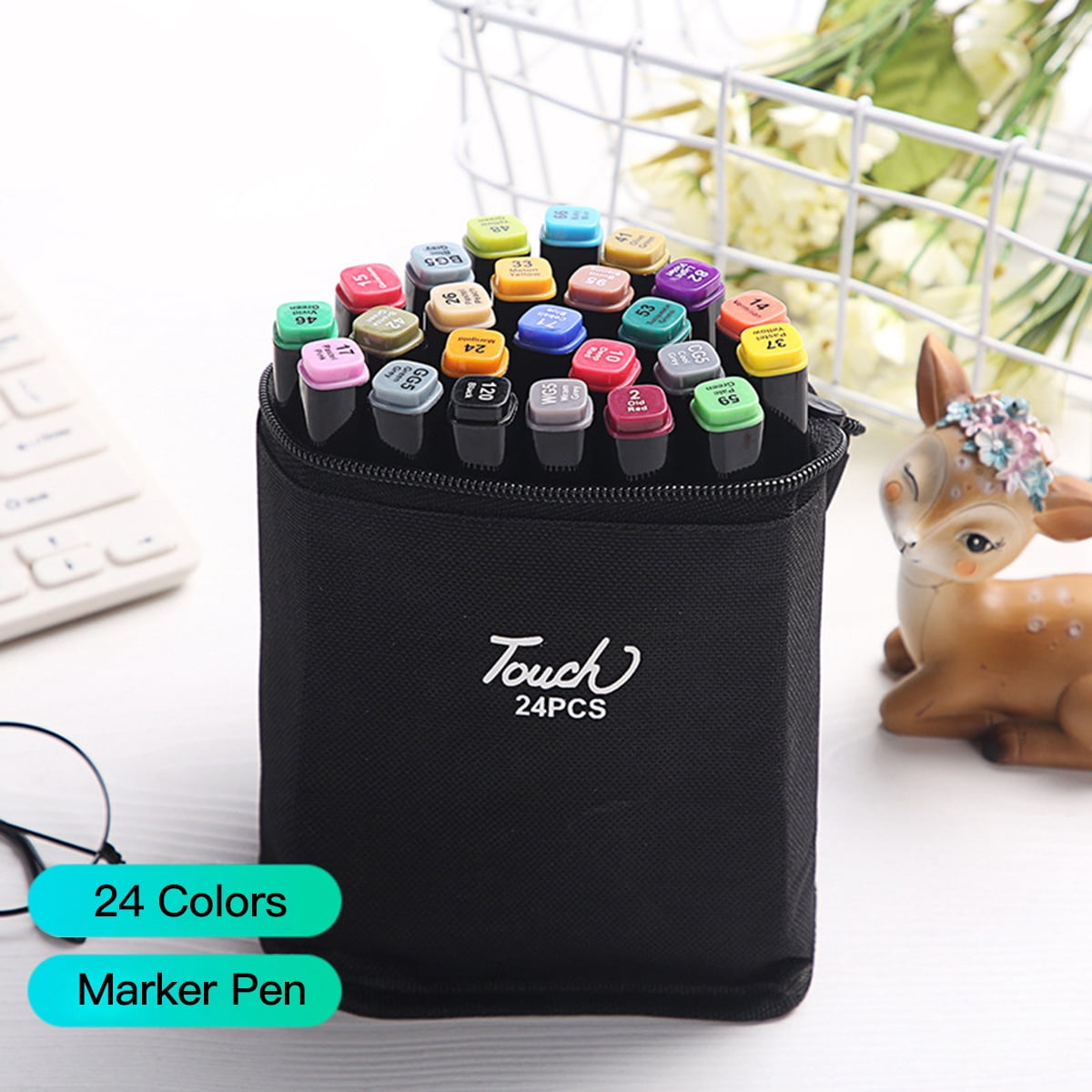 Amdohai 24 Colors Art Markers Set Double Tip Broad Fine Point Marker Pen with Carrying Bag Art Supplies for Students Adults Artists Drawing Coloring Sketching Design