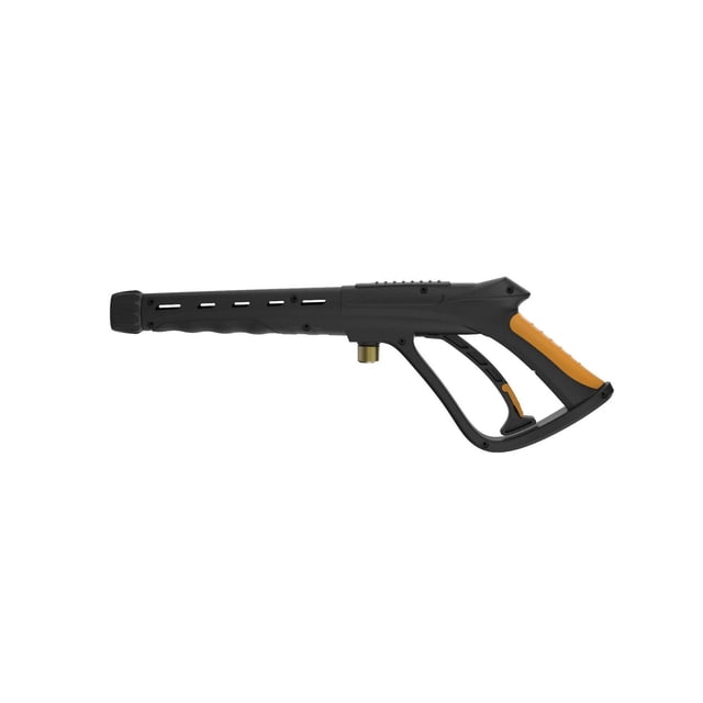 POWERPLAY TRIGGER GUN WITH M22 FITTING, a black and orange pressure washer spray gun with a 12-inch solid molded extension and brass M22 male outlet, featuring a screw connection for lance or nozzle attachment, suitable for outdoor power equipment.