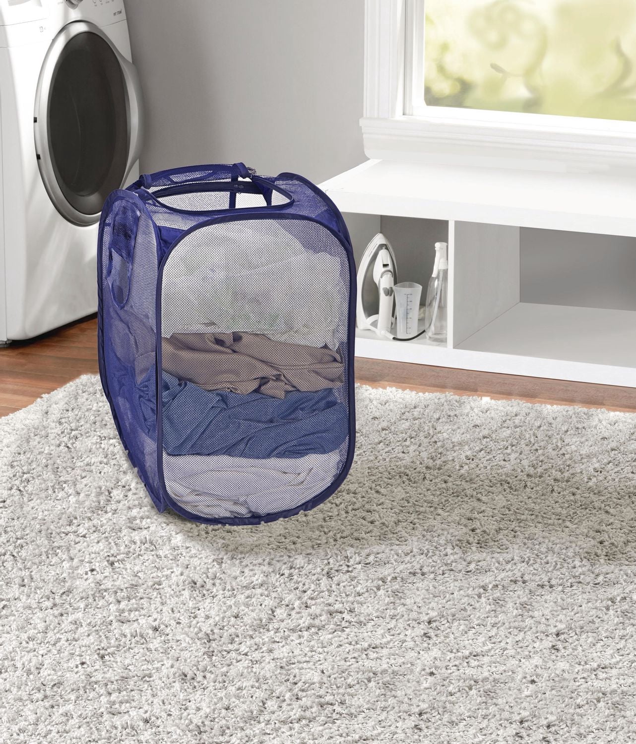 Panier à linge en maille à deux voies Mainstays avec poignées de transport faciles et fermeture éclair latérale - Bleu