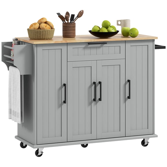 HOMCOM Kitchen Island on Wheels, Kitchen Cart with Solid Wood Top, Grey