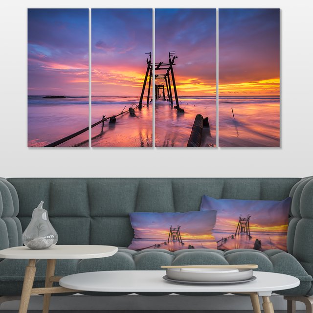 Broken Wooden Bridge at Sunset - Pier Seascape Canvas Art Print