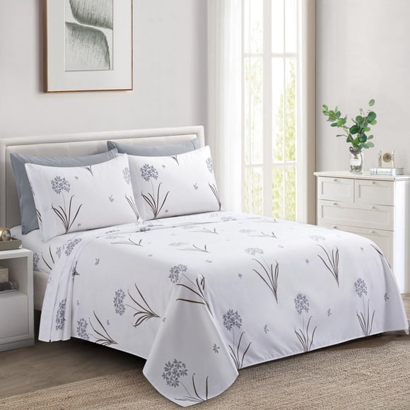 Marina Decoration Ultra Soft Silky Deep Pocket Rich Printed Bedding Rayon from Bamboo All Season Sheet Set with Pillowcases, Grey Hydrangea Floral Pattern